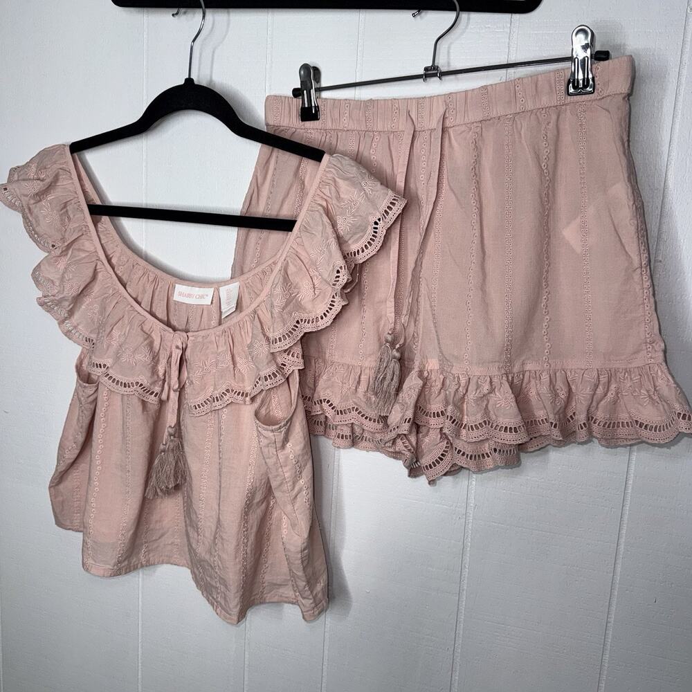 Shabby Chic Women’s Embroidered Eyelet Pajama Lounge Set Pink Size Small